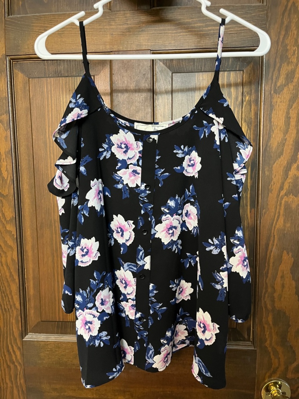 Floral Cold-Shoulder Women’s Top - Black with Pink & Blue Flowers